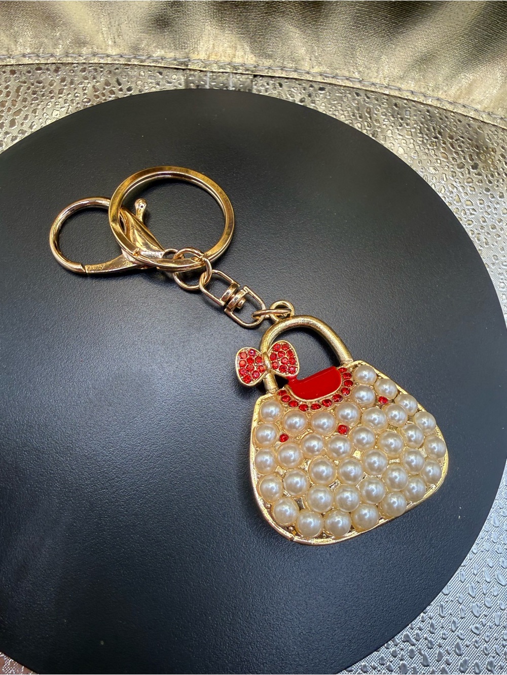 Gold Pearl-Embellished Red Accent Handbag Keychain